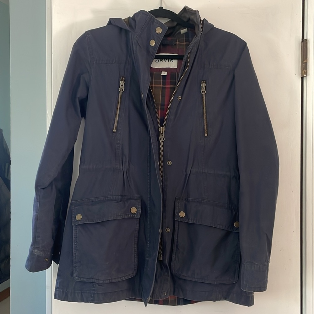 Orvis Blue Trench Coat with Plaid Lining - Women’s Small